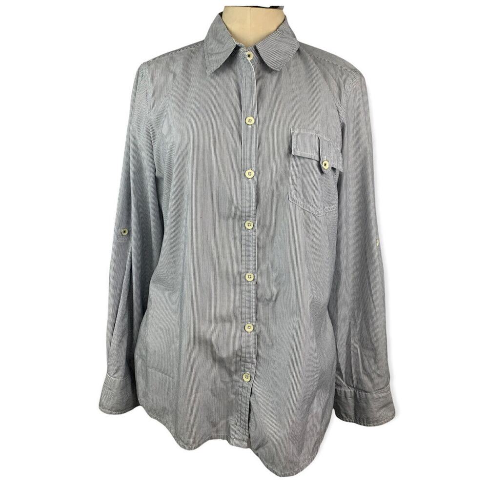 Size 14 Peck & Peck Weekend Button Up Striped Shirt Womens Roll Tab Sleeves